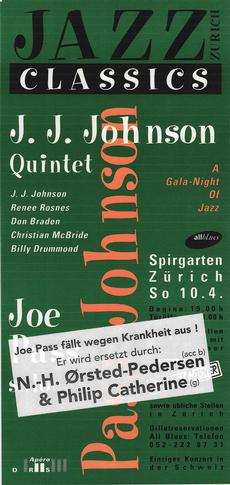 J. J. Johnson Quintet / Philip Catherine & Niels-Henning Oersted-Pedersen Duo, 10.4.94, Spirgarten Zürich